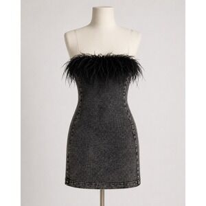 Salt Mini Dress Womens Medium Y2K Goth Glam Gray Acid Wash Feather Trim Bodycon